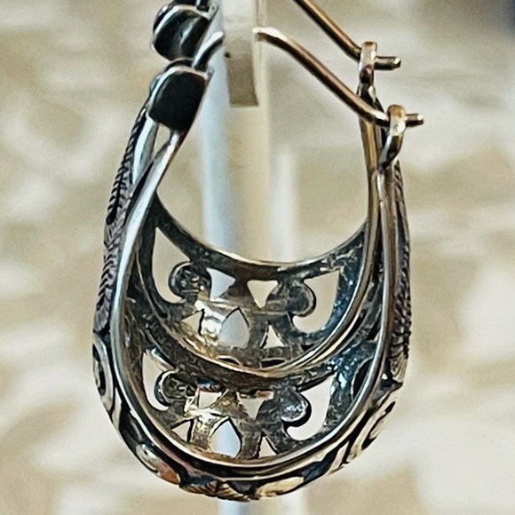 VTG Steering Silver 925 Open Scroll Filigree Basket Hoop Earring - Picture 2 of 7